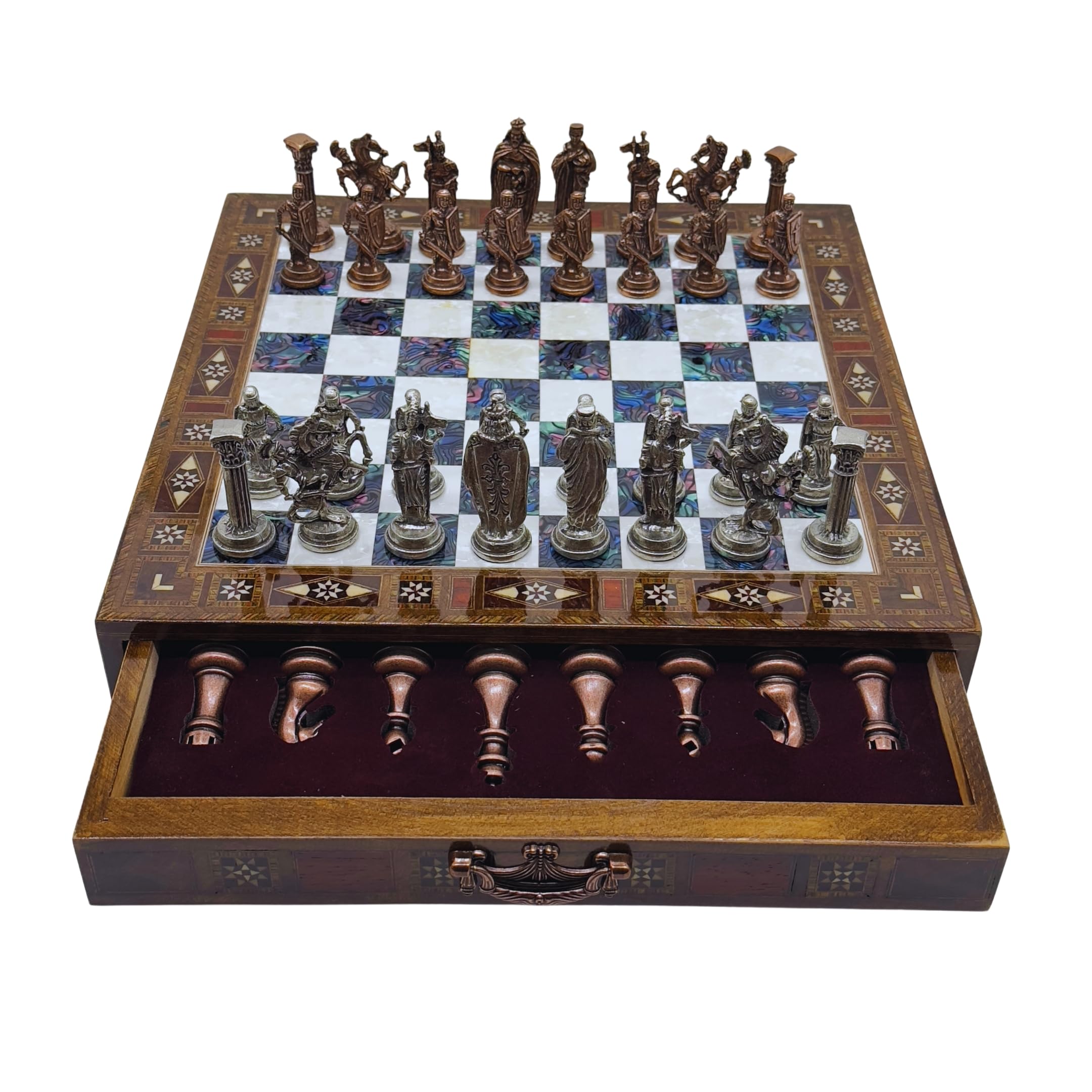 INTERIART15’’ Unique Handmade Chess Set – Handmade Wooden Storage Board with Metal Chess Pieces – Luxury Gift for Men and Collectors – Gift for Dad (Purple)
