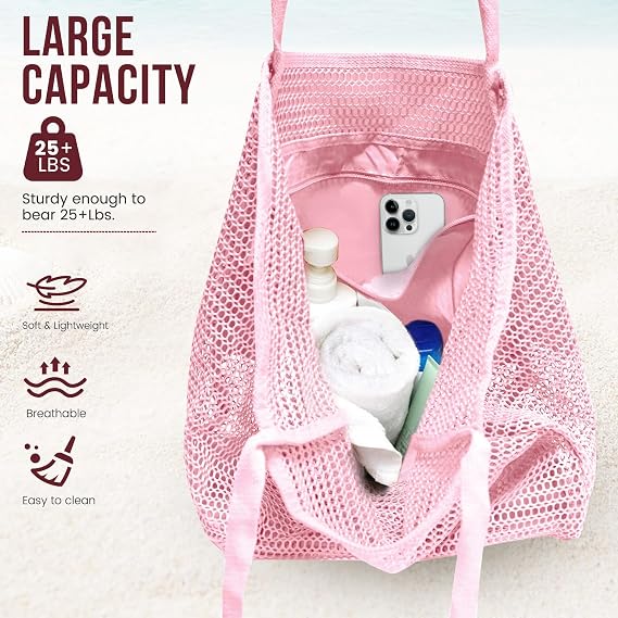 HOHOM Beach Bags for Women, Summer Travel Mesh Tote Bag with Large Inner Pocket, Sandproof Woven Shoulder Handbag Swim Pool Bag, Suit for Family Vacation Essentials