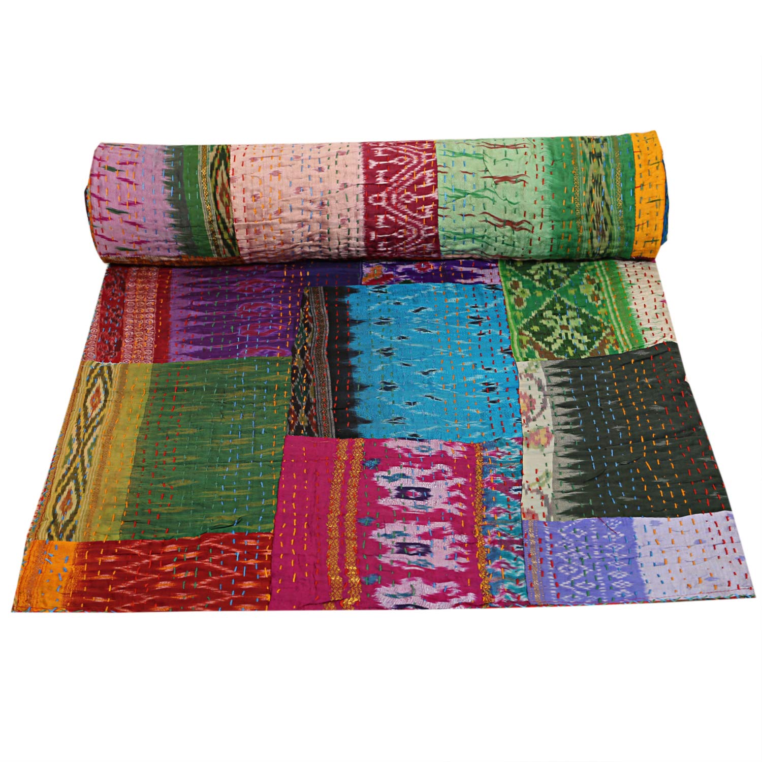 Indian-Shoppers Large Multi Patchwork Silk Bedcover Handmade Kantha Quilt Vintage Silk Saree Reversible Throw Blanket Bohemian Bedding Living Coverlets Decor Queen Size Gudri