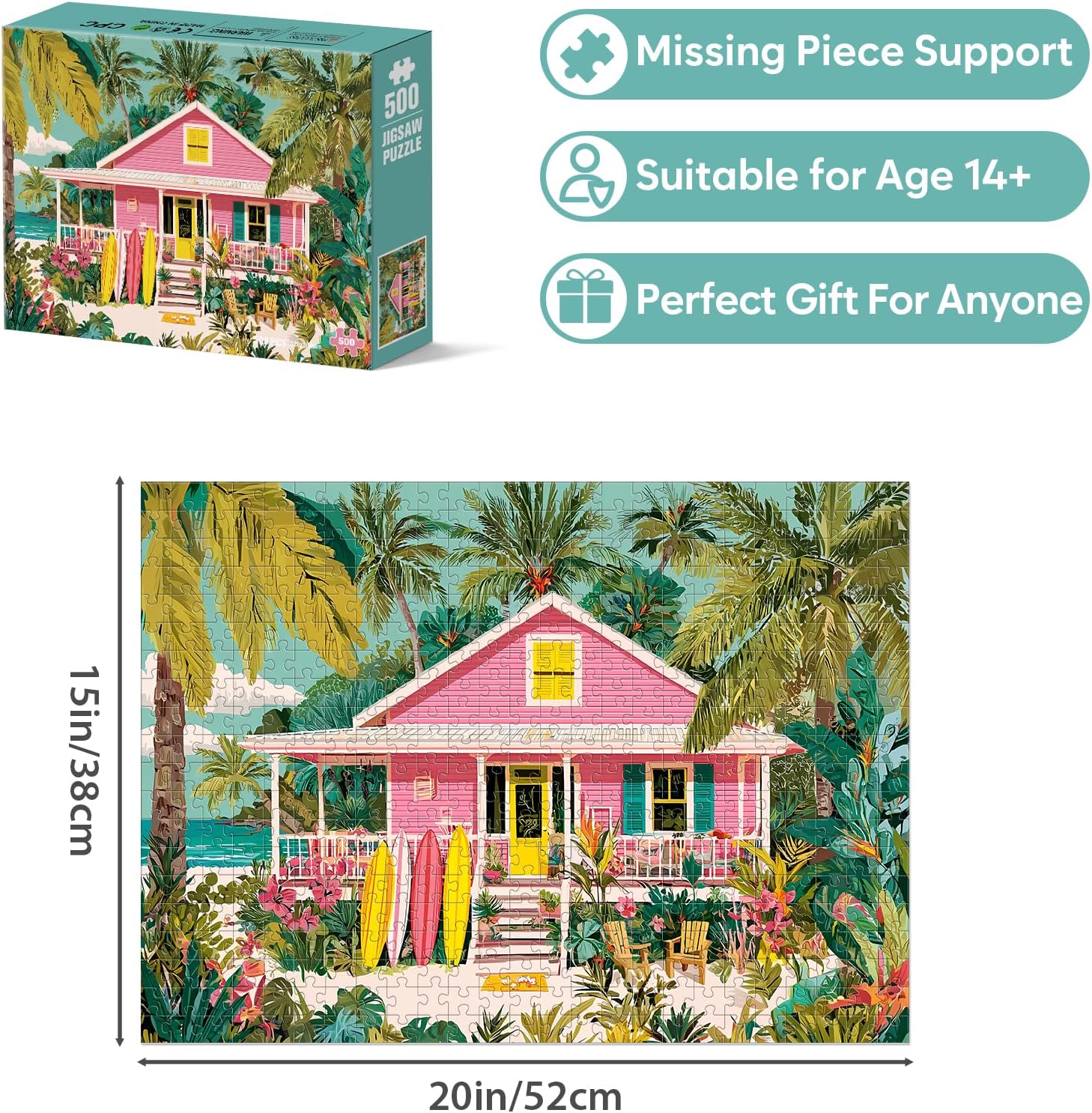 Puzzle for Adults 500 Pieces, Colorful Coastal Vacation Jigsaw Puzzle 500 Piece Palm Trees Ocean View, Tropical Beach House Relaxing Easy Puzzle for Seniors Teens, Summer Beach Gift for Women Men image 2
