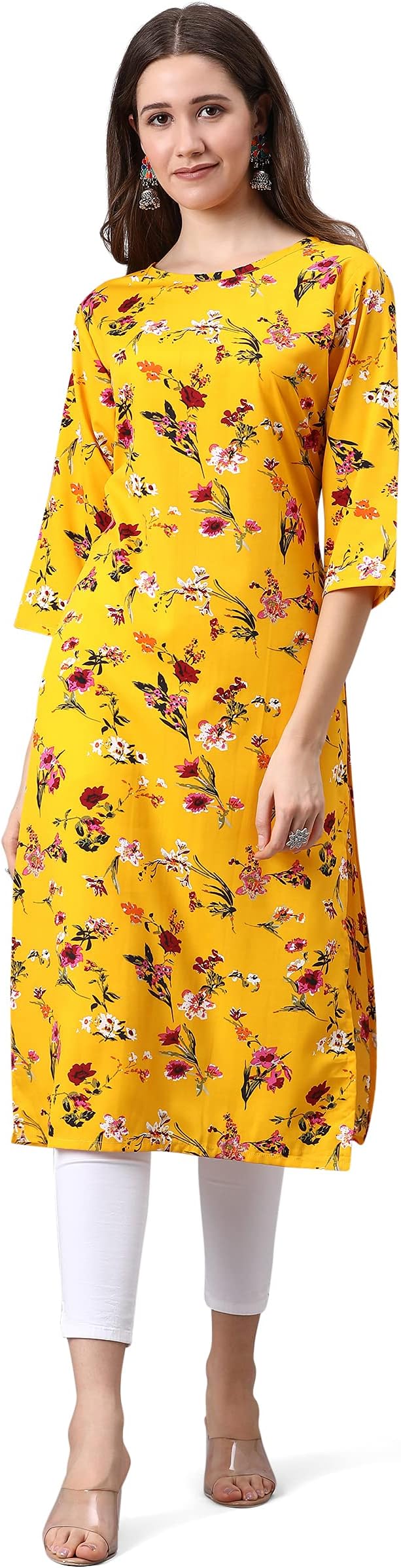 LookMarkWomen's Crepe Printed Straight Kurta/Kurti (K1020-XL_Yellow_X-Large)
