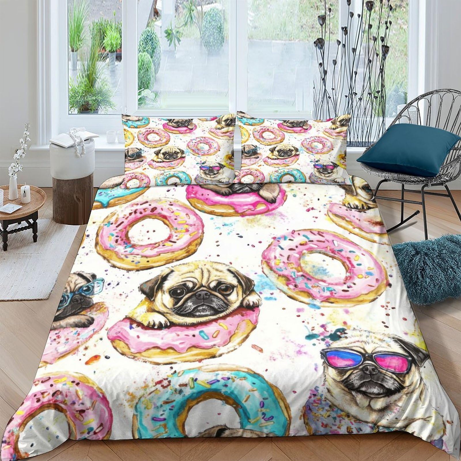 Ctjqhvkz Style-2 3D Printed Donut Pug Fitted Sheet Microfiber Fun Cartoon Dog Bed Cover For Bedroom Dorm Machine Washable Decor Single（135X200cm）