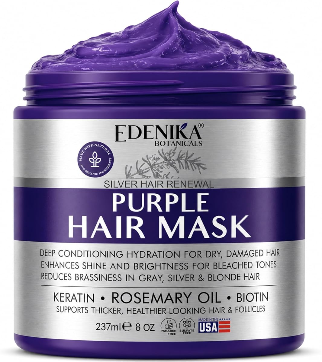 Rosemary Purple Hair Mask Deep Conditioner with Biotin & Keratin, Reduces Brassiness & Yellow Tones for Blonde, Gray & Silver Hair, Hydrates & Helps Strengthen Hair, Sulfate-Free
