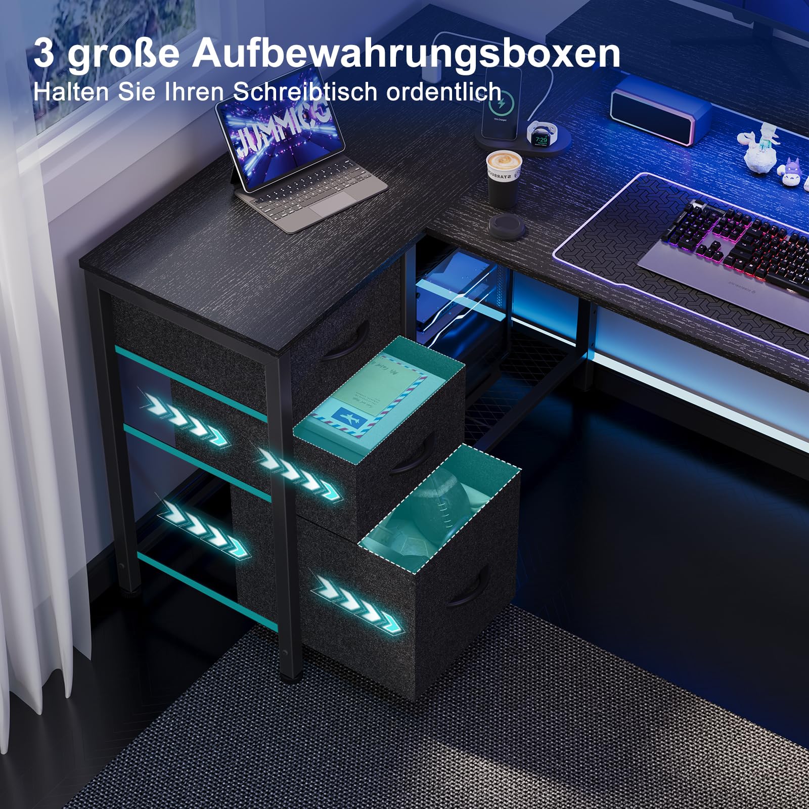 JUMMICO Gaming Schreibtisch Eckschreibtisch L-Form, 170x95cm mit LED-Beleuchtung, höhenverstellbarem Monitorständer, 3 Schubladen, 2 Steckdosen & 2 USB, Schreibtisch aus Stahl und Holz,Schwarz