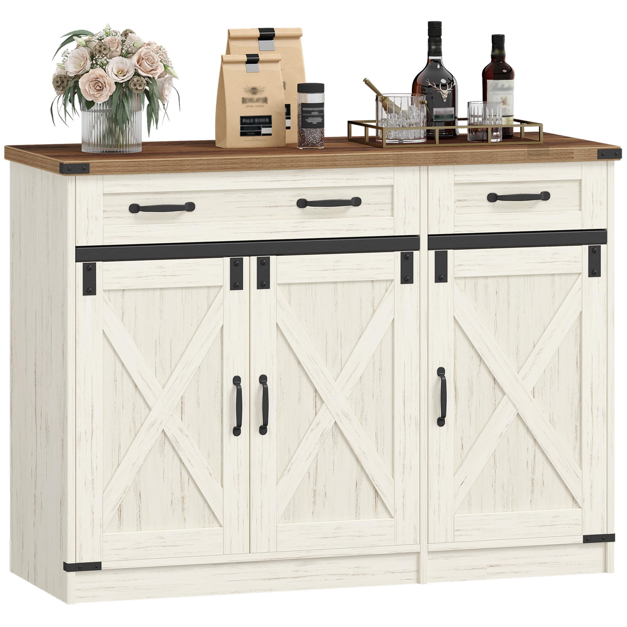 Hzuaneri Armario de Cocina, Aparador Cocina, Armario de Almacenamiento con 2 Cajón, 3 Puertas, Estantes Ajustables, 40 x 108 x 80 cm, Blanco Rústico y Marrón Miel SC85814X