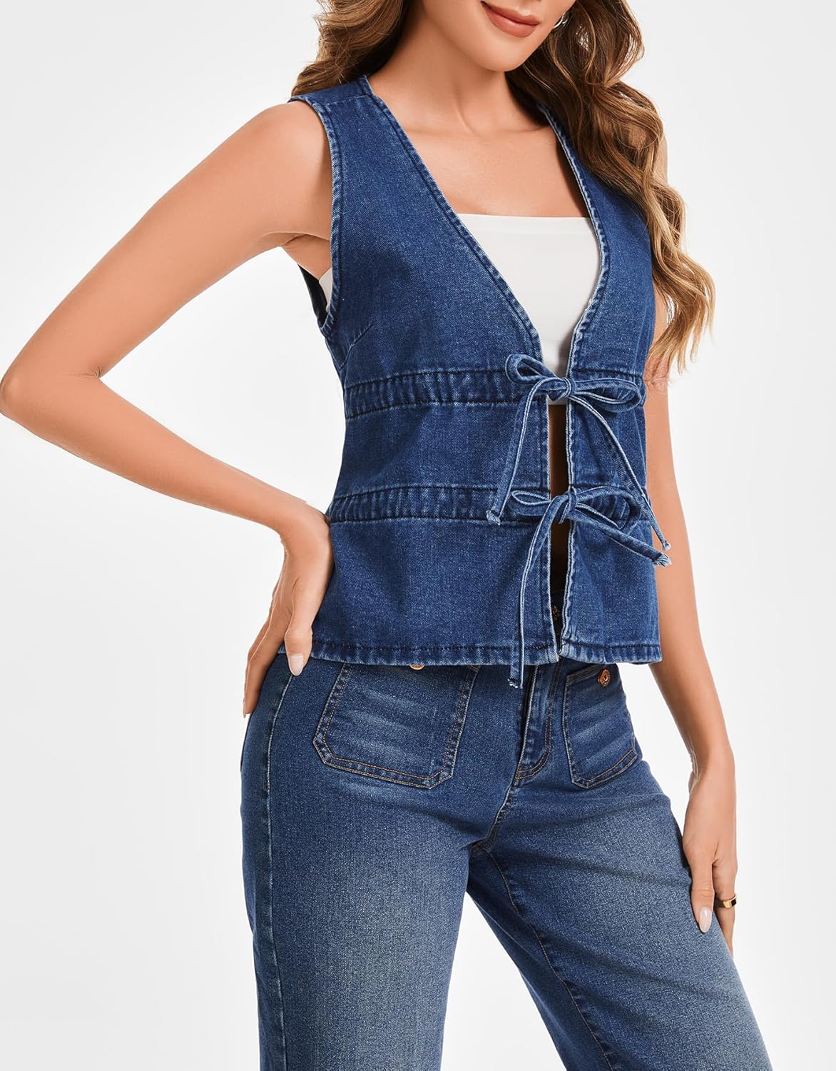 Ladyful Women's Deep V-Neck Denim Vest Bow Tie Front Sleeveless Jean Waistcoat Y2K Fashion Summer Top Tank - Image 3