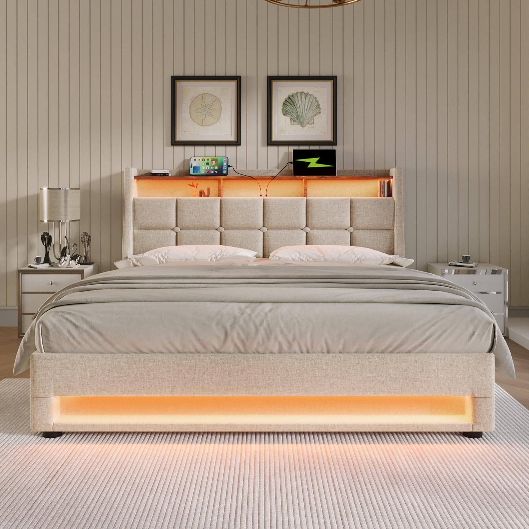 Ball & Cast Upholstered Double Bed 135 x 190 cm with LED Lighting, USB Type-C Charging Function, Storage Headboard, 4FT6 Double Storage Bed Frame with Metal Slatted Frame, Linen, Beige (No Mattress)