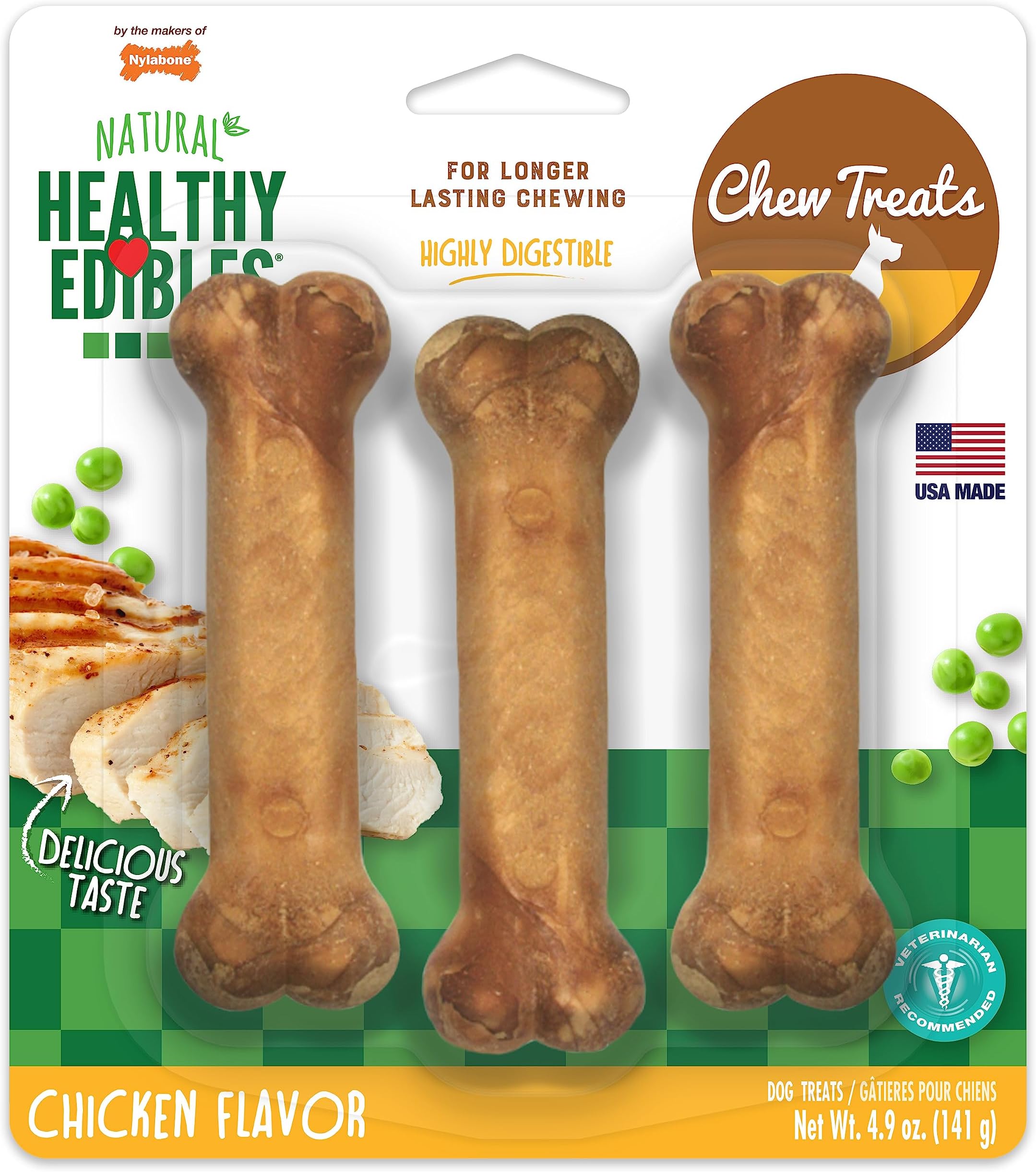 Nylabone Healthy Edibles All-Natural Long Lasting Chicken Flavor Dog Chew Treats 3 count Chicken Small/Regular