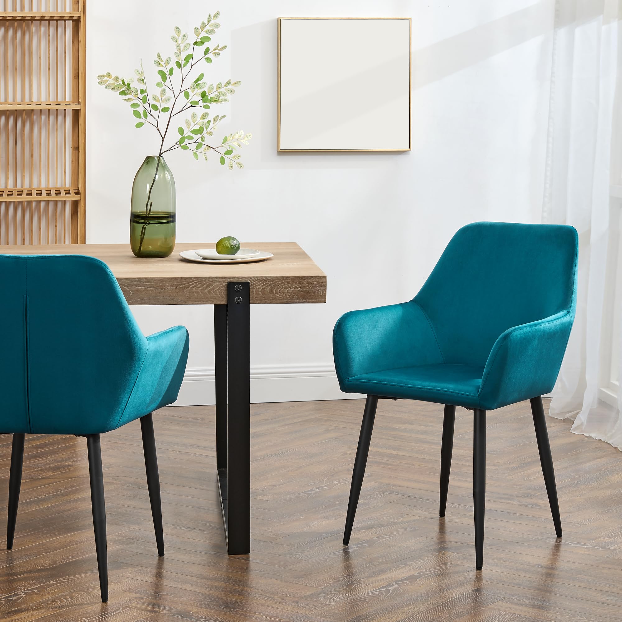 [en.casa] Juego de 2 Sillas de Comedor Hollola con Reposabrazos Set de 2 Sillas de Cocina Asientos tapizados Terciopelo y Acero 86 x 57 x 56 cm Altura del Asiento: 48 cm - Turquesa