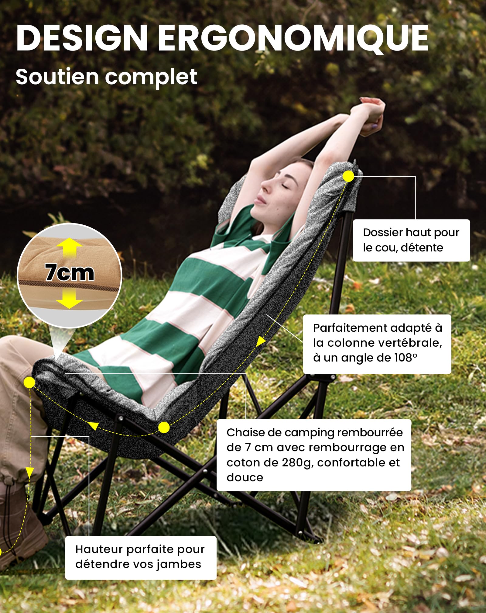 KingCamp Chaise de Camping Pliable Ergonomique, Rembourrée Confort, 136kg | XXL Luxe, Rembourrage Épais, Lavable, Dossier Haut, pour Camping, Jardin, Balcon, Pêche, Festival, Intérieur