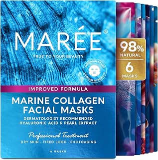 MAREE Collagen Facial Sheet Masks with Hyaluronic Acid, Centella Asiatica & Algae - Hydrating Face Masks for Glowing Skin, 6 Pack