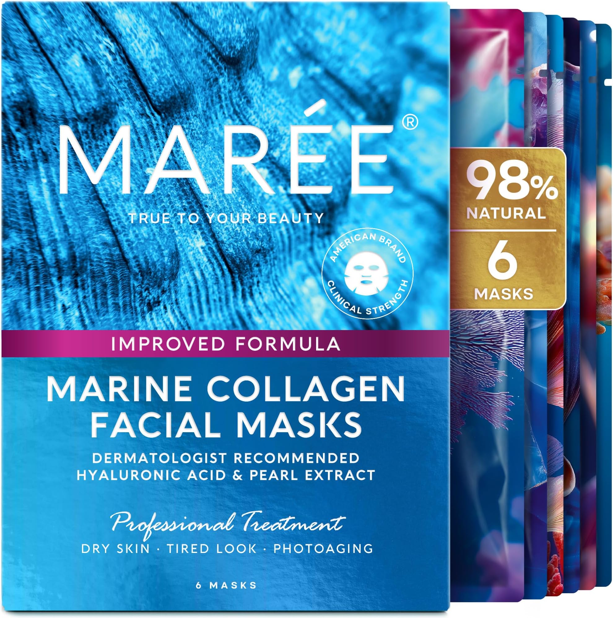 MAREE Collagen Facial Mask with Hyaluronic Acid — Sheet Face Mask Skincare — Centella Asiatica, Green & Red Algae Extract — Hydrating Facemask For Women Skin Care — Mascarillas Para La Cara — 6 Count