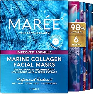 MAREE Collagen Facial Mask with Hyaluronic Acid — Sheet Face Mask Skincare — Centella Asiatica, Green & Red Algae Extract — Hydrating Facemask For Women Skin Care — Mascarillas Para La Cara — 6 Count