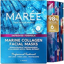 MAREE Collagen Facial Mask with Hyaluronic Acid &mdash; Sheet Face Mask Skincare &mdash; Centella Asiatica, Green &amp; Red Algae Extract &mdash; Hydrating Facemask For Women Skin Care &mdash; Mascarillas Para La Cara &mdash; 6 Count