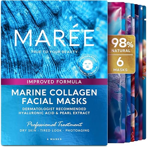 MAREE Collagen Facial Mask with Hyaluronic Acid — Sheet Face Mask Skincare — Centella Asiatica, Green & Red Algae Extract — Hydrating Facemask For Women Skin Care — Mascarillas Para La Cara — 6 Count