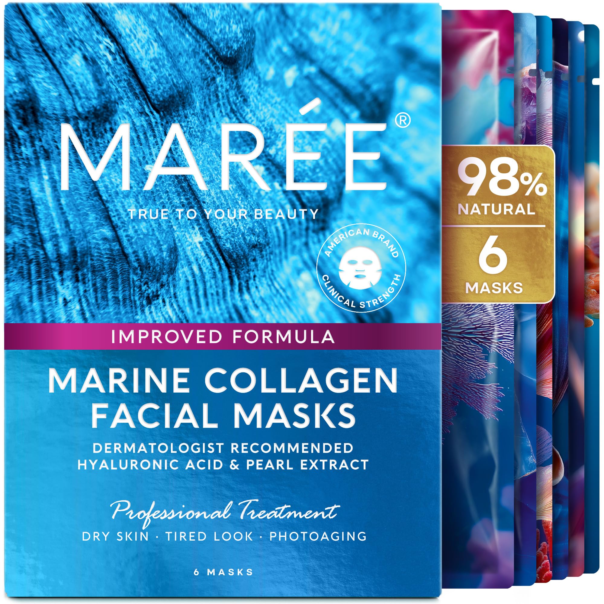 MAREE Collagen Facial Mask with Hyaluronic Acid — Sheet Face Mask Skincare — Centella Asiatica, Green & Red Algae Extract — Hydrating Facemask For Women Skin Care — Mascarillas Para La Cara — 6 Count