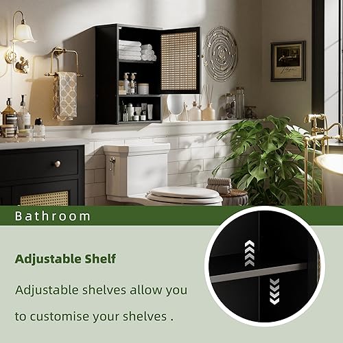 Miniatura 5 de Armario de pared de baño, organizador de almacenamiento de bambú sobre el inodoro con puertas de ratán y estante ajustable, botiquín ahorrador de