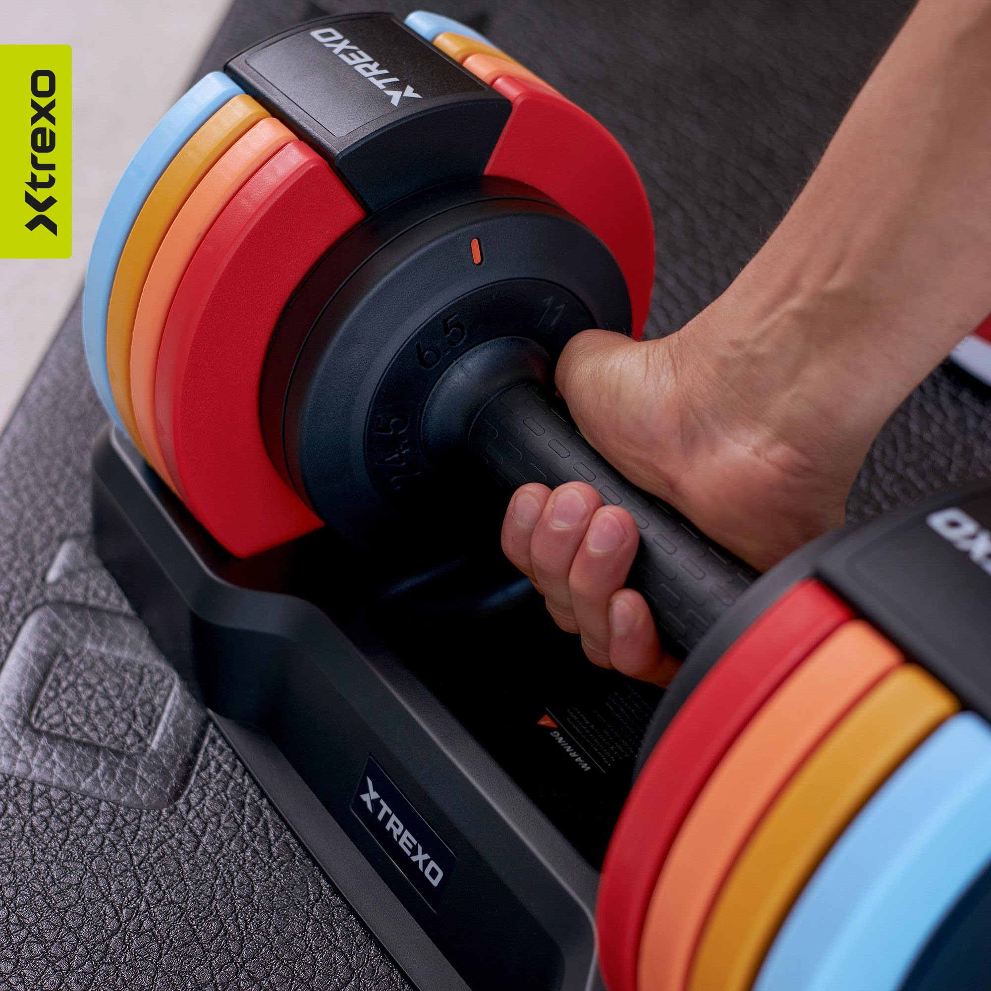 TREXO Multicolor - Mancuernas ajustables de 11,5 kg, de acero con mango antideslizante, ideal para el entrenamiento de fuerza en casa y en el gimnasio, mancuernas ajustables con base estable