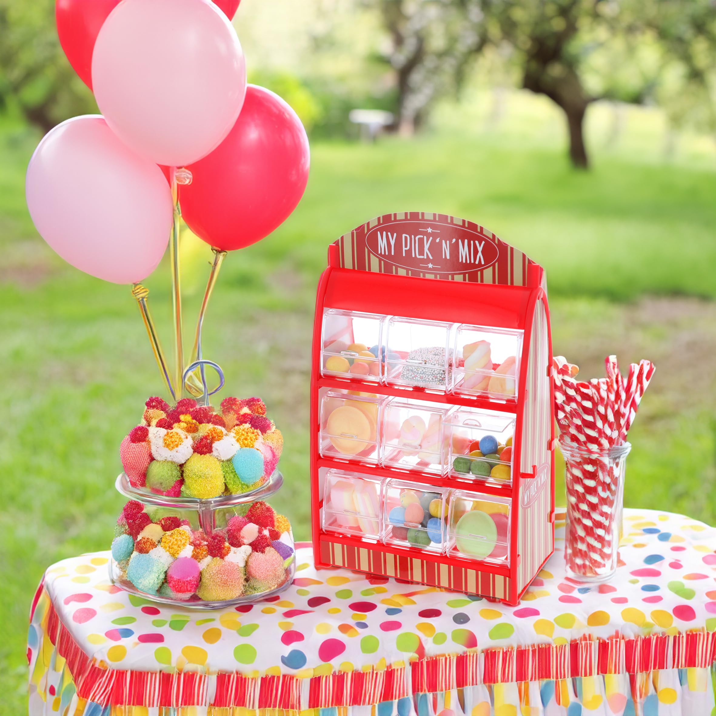 Süßigkeitenspender mit 9 Fächern - 30 x 18 cm - Candy Bar im Retro Design mit Zange - Süßigkeiten Spender Bonboniere Weingummi Jellybeans Theke