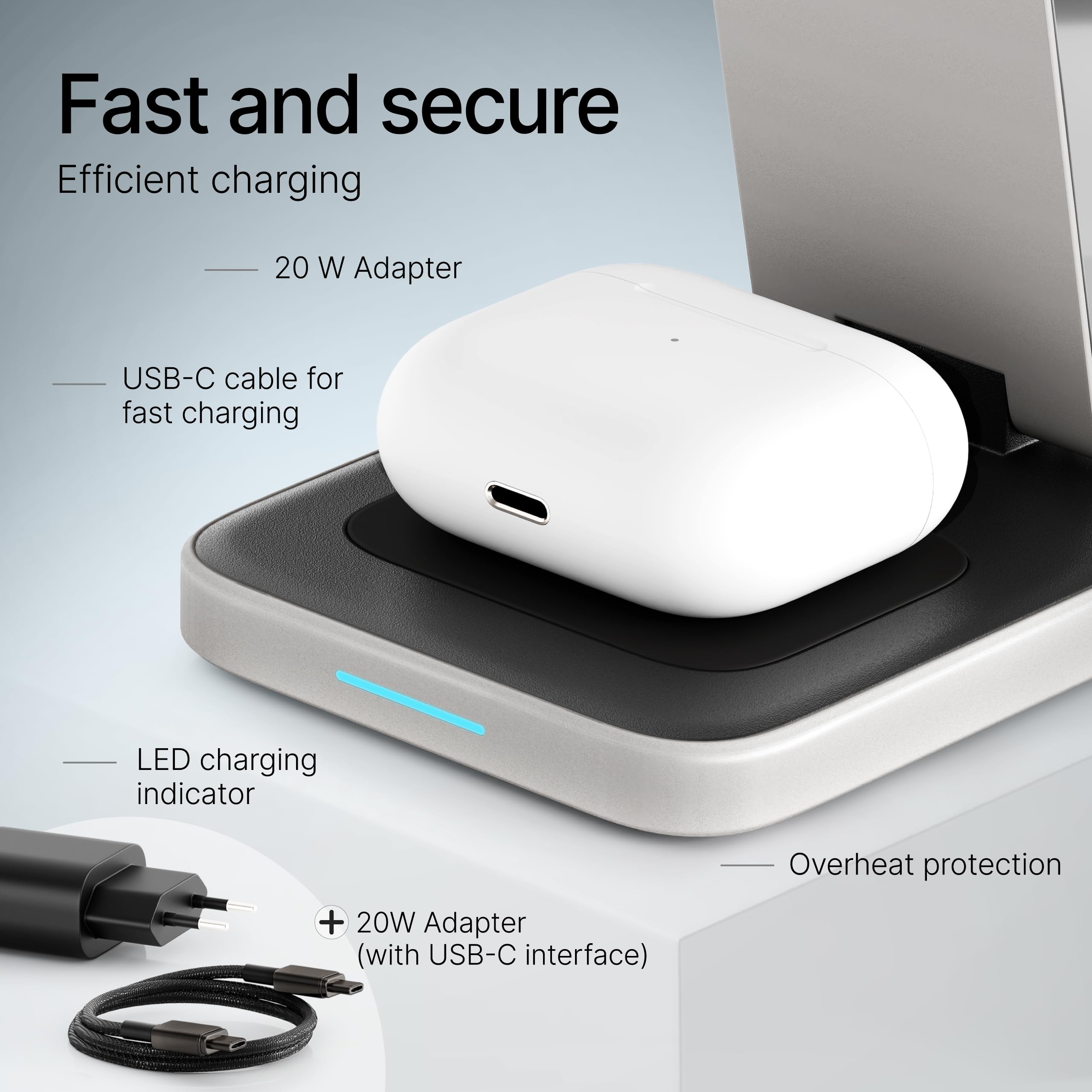 Caricatore Wireless iPhone 20W – Stazione di Ricarica Apple 3 in 1 per iPhone, Apple Watch e AirPods – Base Ricarica Pieghevole in Alluminio, Caricatore Rapido MagSafe