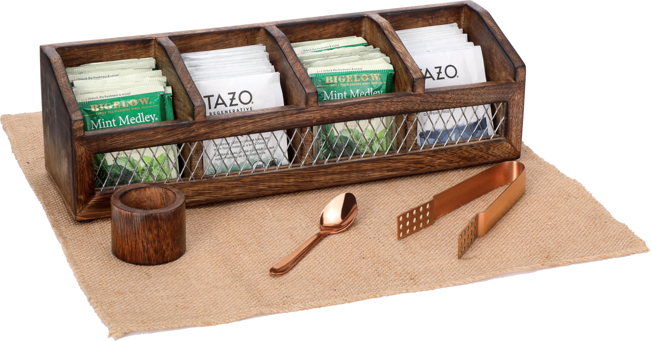 Wooden Tea Bag Organizer | Dark Burnt Finish | 4-Compartment Storage | Countertop | Accessories: Copper-Plated Tea Bag Squeezer, Natural Jute Placemat, Copper-Plated Tea Spoon, Wooden Napkin Ring