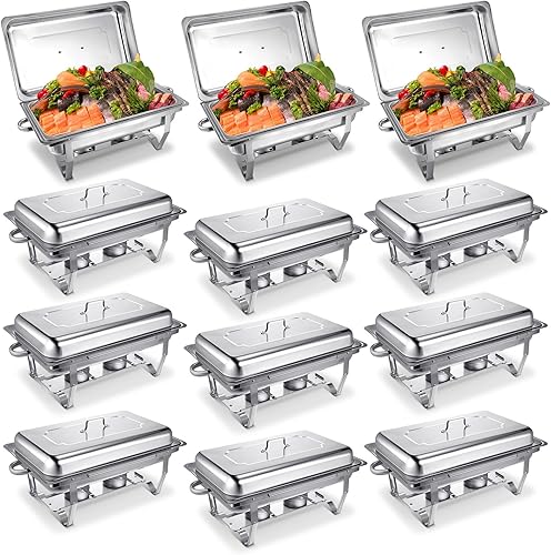 Hoolerry Juego de 12 platos de buffet de acero inoxidable de 8 cuartos de galón, servidores y calentadores de bufé con marco plegable, bandeja para