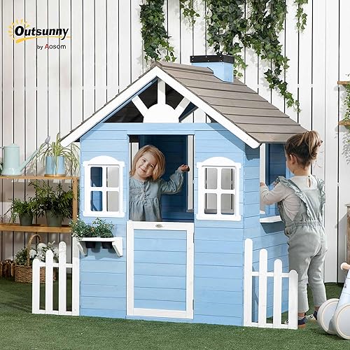 Miniatura 2 de Outsunny Casa de juegos para niños al aire libre, casa de juegos de madera de estilo rústico con soportes para macetas, puerta de trabajo, ventanas,