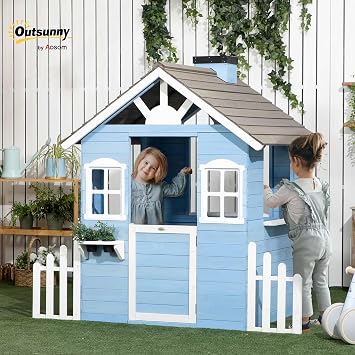 Outsunny Playhouse for Kids Outdoor Country Style Wooden for 3-7 Years Blue