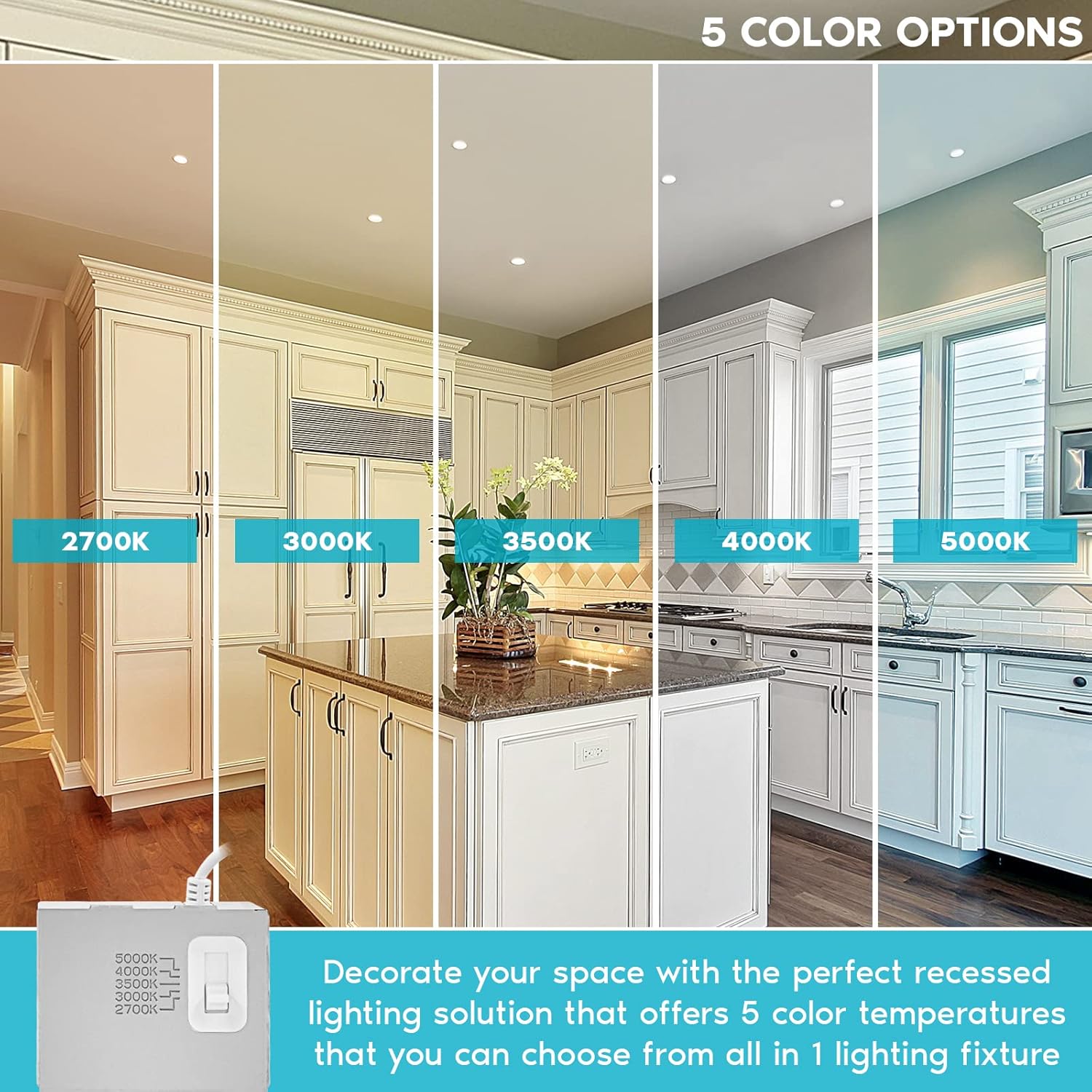 Comparison of 5 color temperature options for LUXRITE recessed lights in a kitchen setting