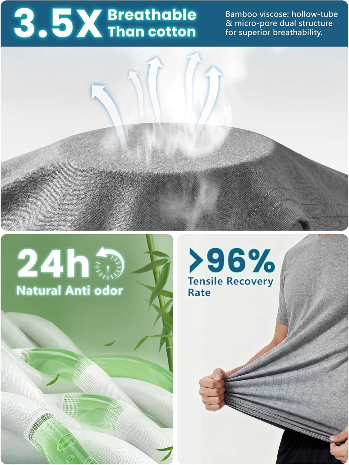 Coolmax Bamboo Viscose Men's Shirts Cooling Workout T-Shirt Dry Fit Breathable Athletic Tee for Gym Hiking