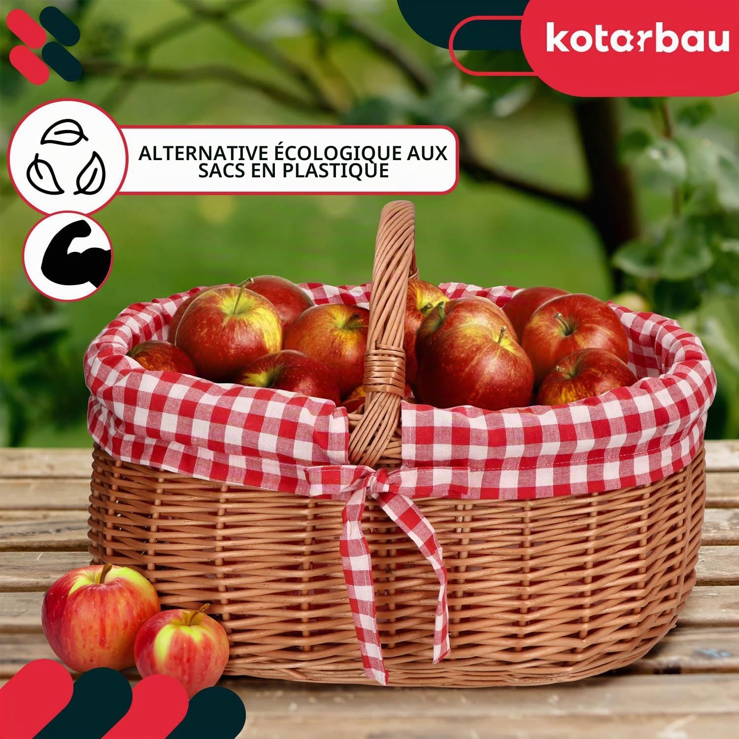 KOTARBAU® Panier en Osier - Avec Anse - 46 x 32 x 43 cm - Naturel - Panier Champignon - de Récolte - avec Doublure en Tissu à Carreaux Rouges - Alimentaire