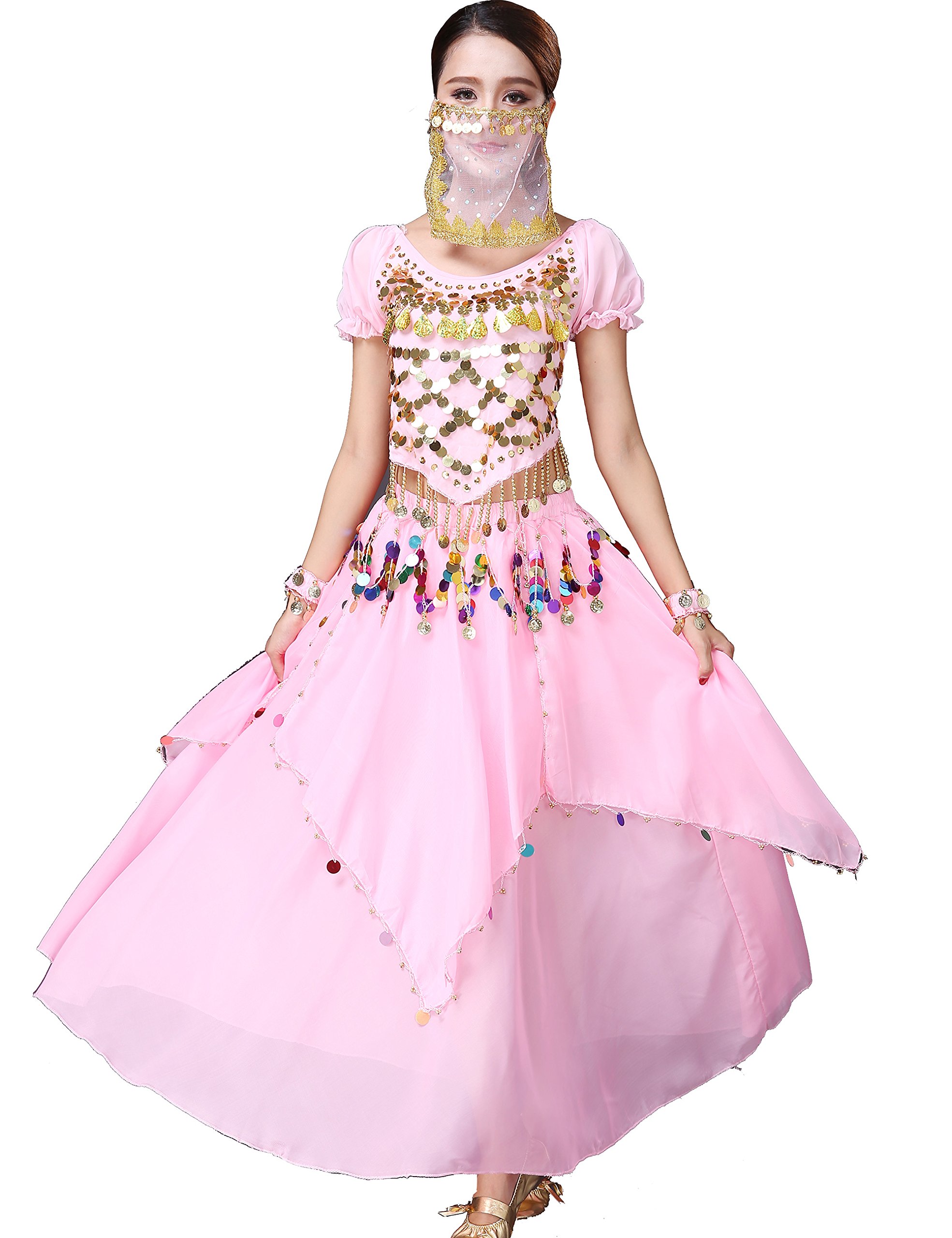 Astage Belly Dance Halloween Costume Top Skirts Veil Bracelets Headdress Sets