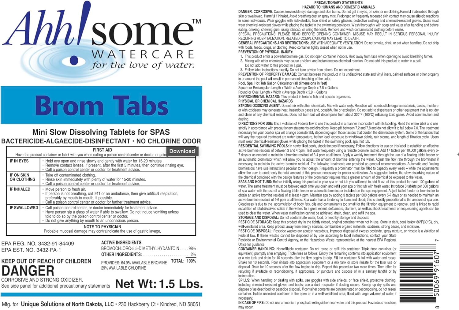 AhhSome 2-Inch Mini Bromine Tablets 1.5 Lbs for Spa and Hot Tub Sanitizer | Slow-Dissolving Brominating Tabs for Pools | Chlorine Odor-Free, Long-Lasting Spa Water Treatment