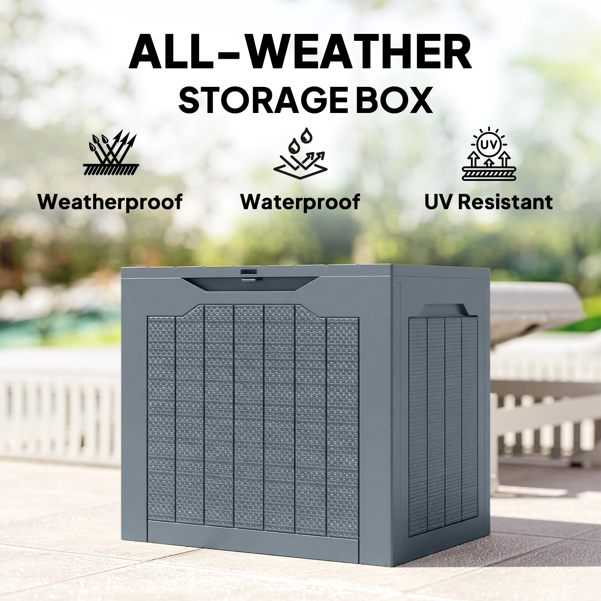 Outsunny 93L Plastic Garden Storage Box, Outdoor Storage Box with Handles, Waterproof Outdoor Storage Container for Garden Tools and Accessories, Light Grey — view 6
