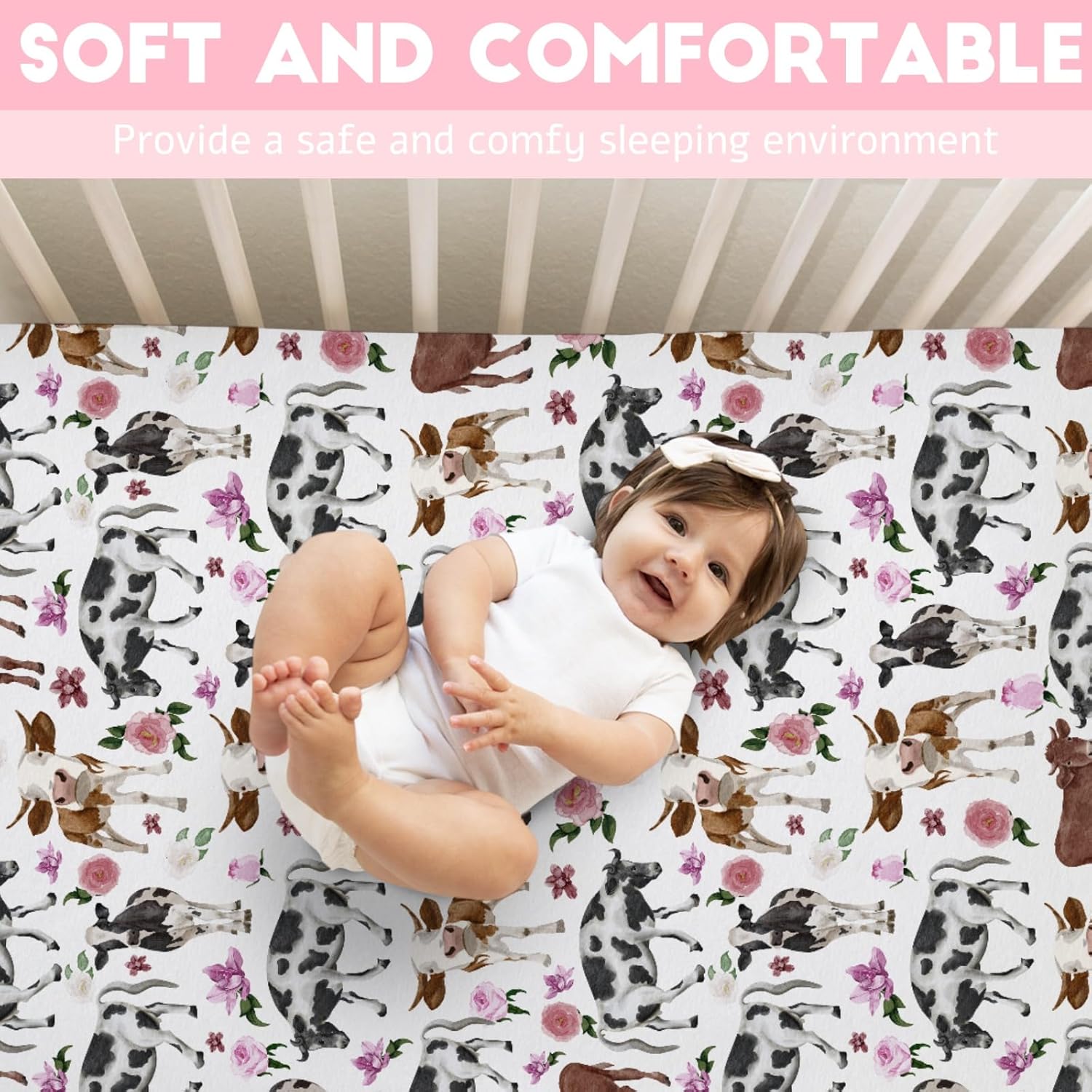 Watercolor Cows Boho Floral Baby Crib Sheets 52''x28'' Farm Cows Cattle Yak Fitted Crib Mattress Cover Sheets for Boy Girl Nursery Toddler Bed Sheets for Standard Crib and Toddler Mattresses