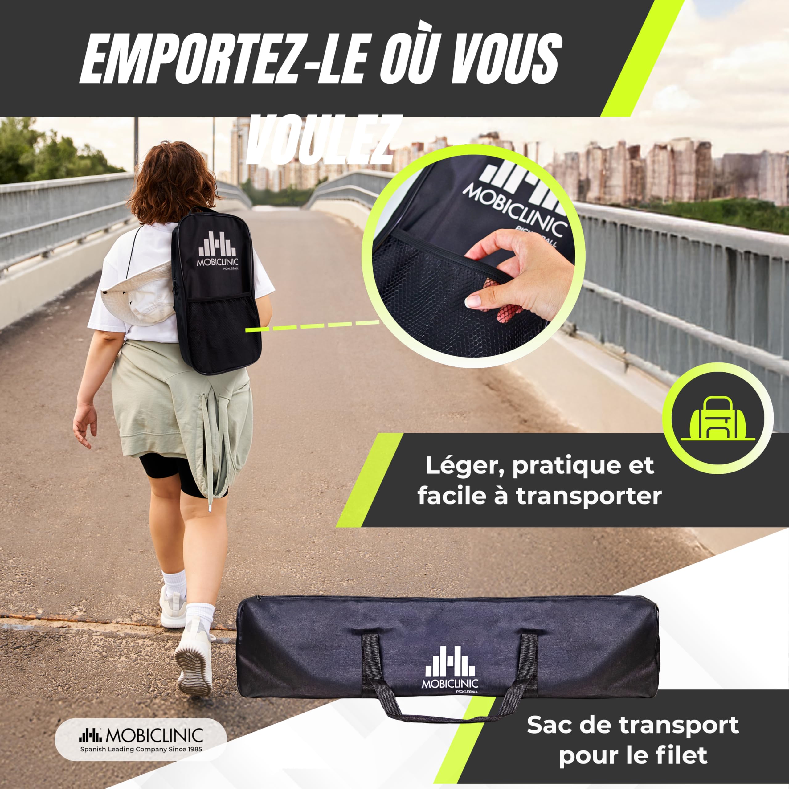 Mobiclinic®, Ensemble de Pickleball, Raquettes en Fibre de Verre, Balles D'intérieur et D'extérieur, Sac de Transport, Noyau en Polypropylène Alvéolé, Grip (4 Raquettes + 8 balles + Filet)