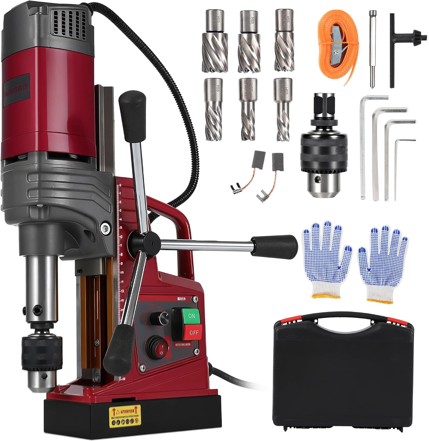1.57 Inch Magnetic Drill Press, 210mm Max Stroke, 13000N Magnetic Force, 1550W 820 RPM Portable Electric Mag Drill Machine for Metal Drilling, Industrial Grade with Drill Chucks & Annular Cutters Kit