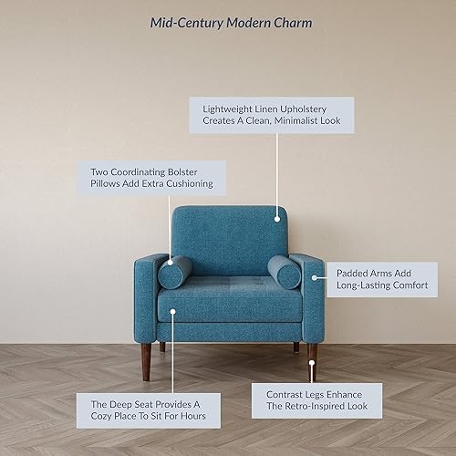 Miniatura 4 de BELLEZE Silla decorativa moderna de mediados de siglo, silla tapizada de gran tamaño, silla de lectura de lino cómoda para adultos, sofá, silla para