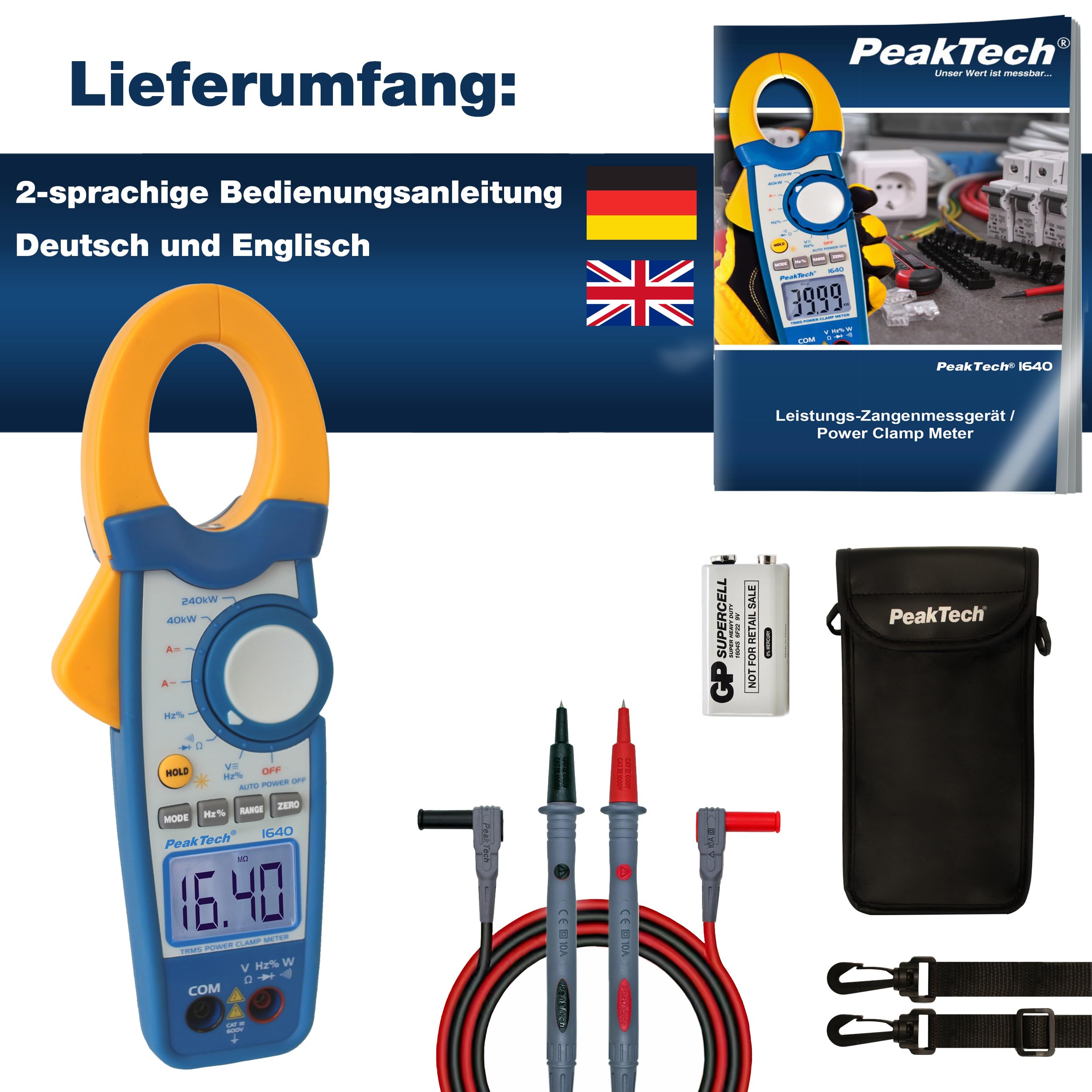 PeakTech P 1640 True RMS Stromzange 1000A AC DC und Digital Multimeter 4000 Counts mit Durchgangsprüfer - CAT III 600V, 1 Stück, Blau, Gelb, Weiß