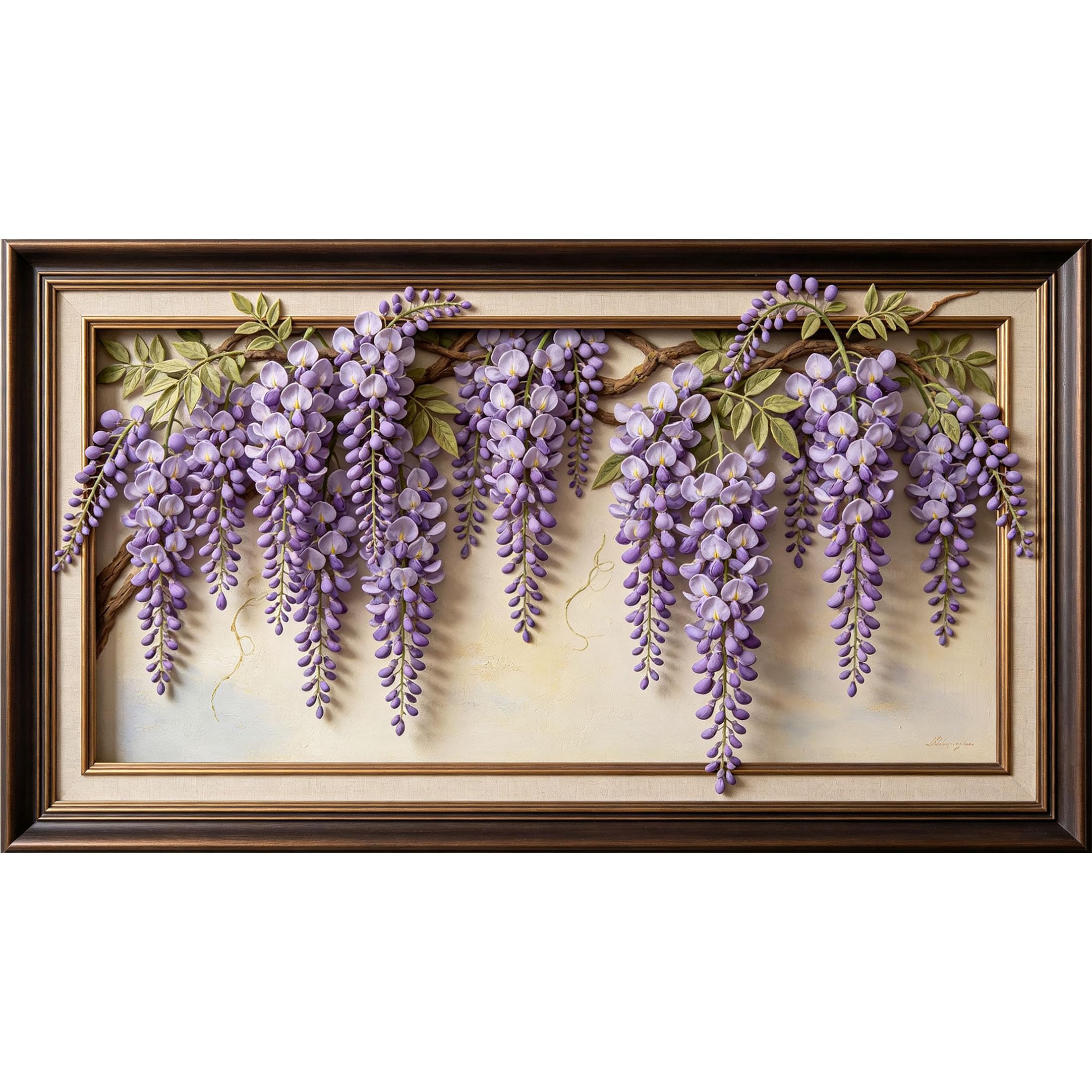 QZLITHOTIC 50x90cm3D Framed Wall Art， Purple Wisteria Botanical Flower Vine Textured Self‑Adhesive Mural， Water‑Activated Peel & Stick Fabric Decor Wall Decal for Bedroom Living Room