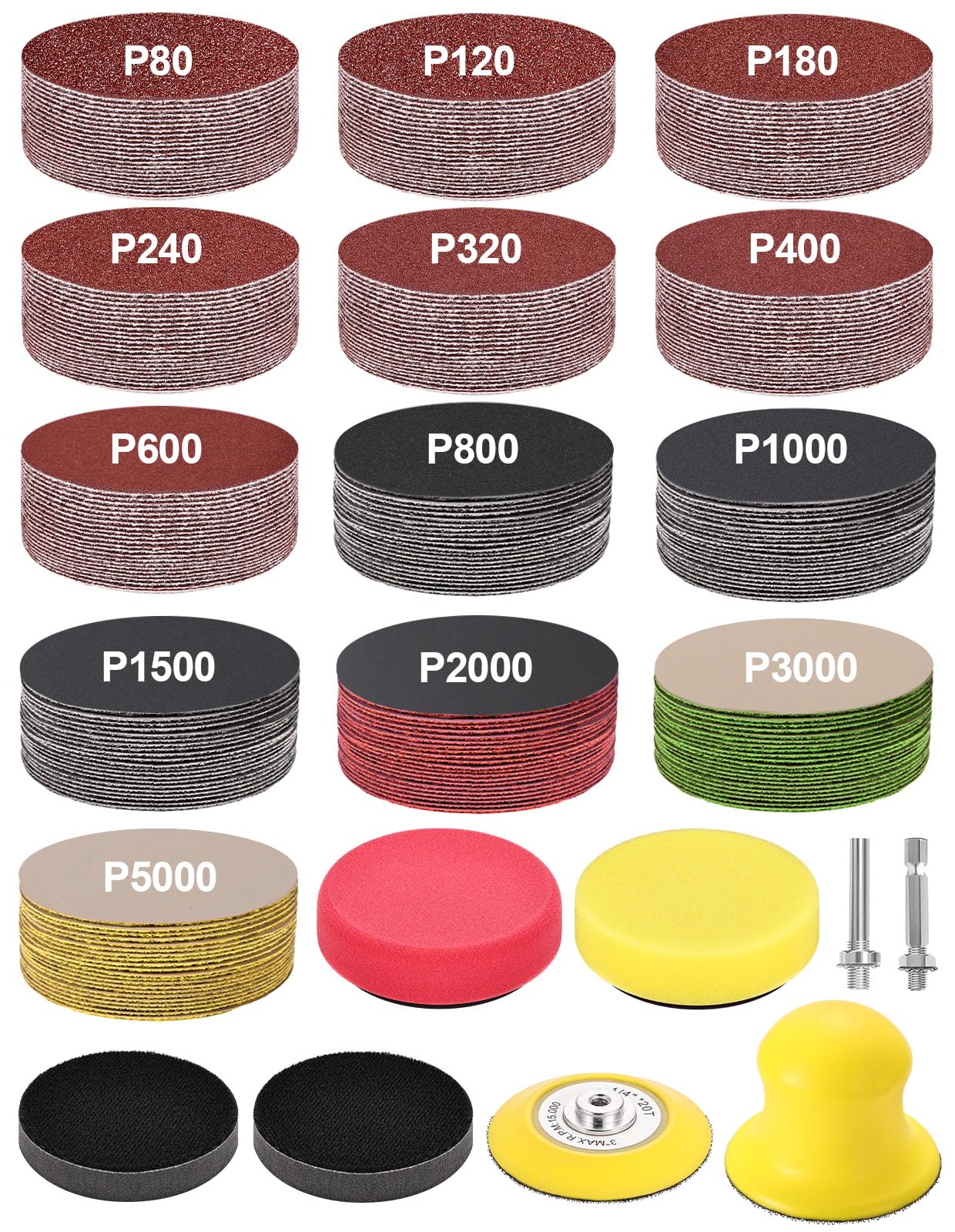 WEWINK PLUS 268 PCS 3 Inch Sanding Discs, 80-5000 Grits Drill Sanding Attachment, Headlight Restoration Kit, Sanding Discs For Drill With 1/4" Shanks Backer Plate For Auto, Wood And Metal