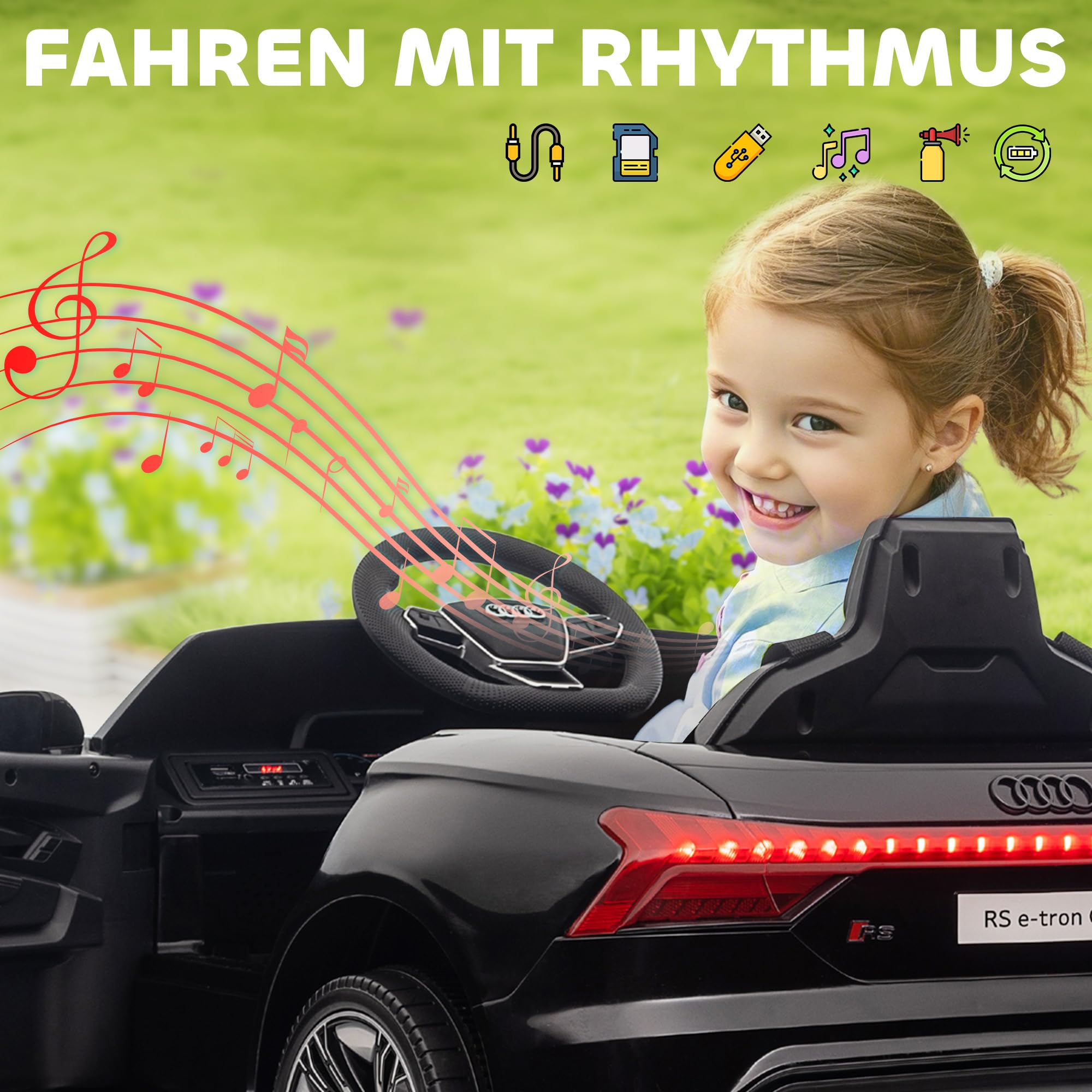 HOMCOM Kinder Elektroauto Audi RS E-tron GT 12V Kinderauto 2 Motor Schwarz | 2,4 GHz Fernbedienung, Hupe, LED, Musik, Sanftstart, Hilfsrad, für 3-5 Jahre Kinder