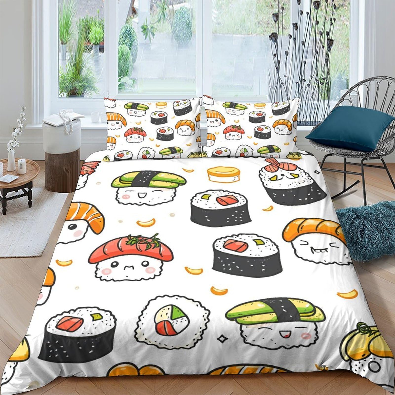 Ctjqhvkz Style-7 3D Printed Sushi Cartoon Fitted Sheet Microfiber Soft Anti-Slip Kawaii Japanese Roll Bed Cover For Bedroom Guest Room Single（135X200cm）