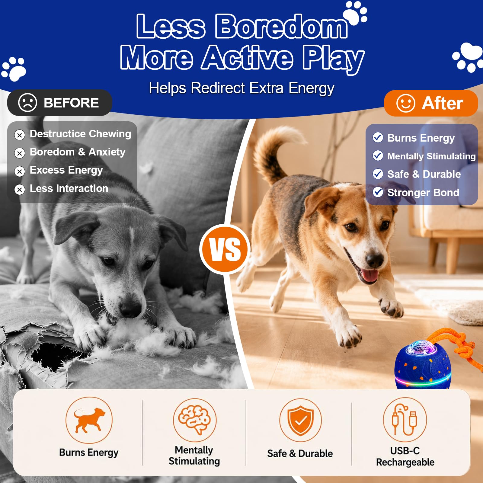 Palla giocattolo interattiva per cani, palla elettrica per cani con corda e urlo per cani, ricaricabile con USB-C e luce LED, giocattolo intelligente per cani con 3 modalità di gioco, adatto per cani