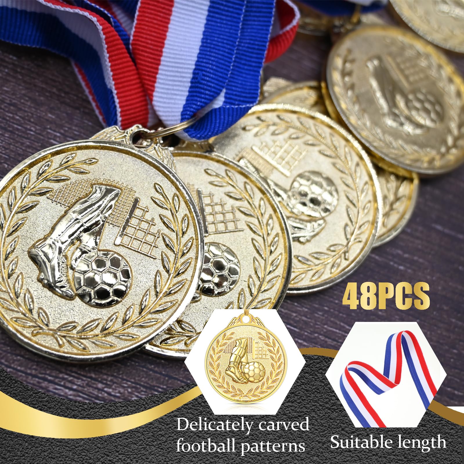 Yaure Joy 48 Pcs Soccer Medals for Kids Metal Gold Award Medals Set with Ribbons for Sports competitions Celebration and Party Favors