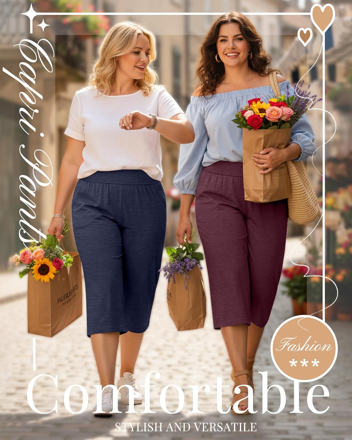 Neer 3 Pack Women's Plus Size Capri Pants, Wide Legs Elastic Waist Capris with Pockets Lounge Loose Sweatpants - Image 6