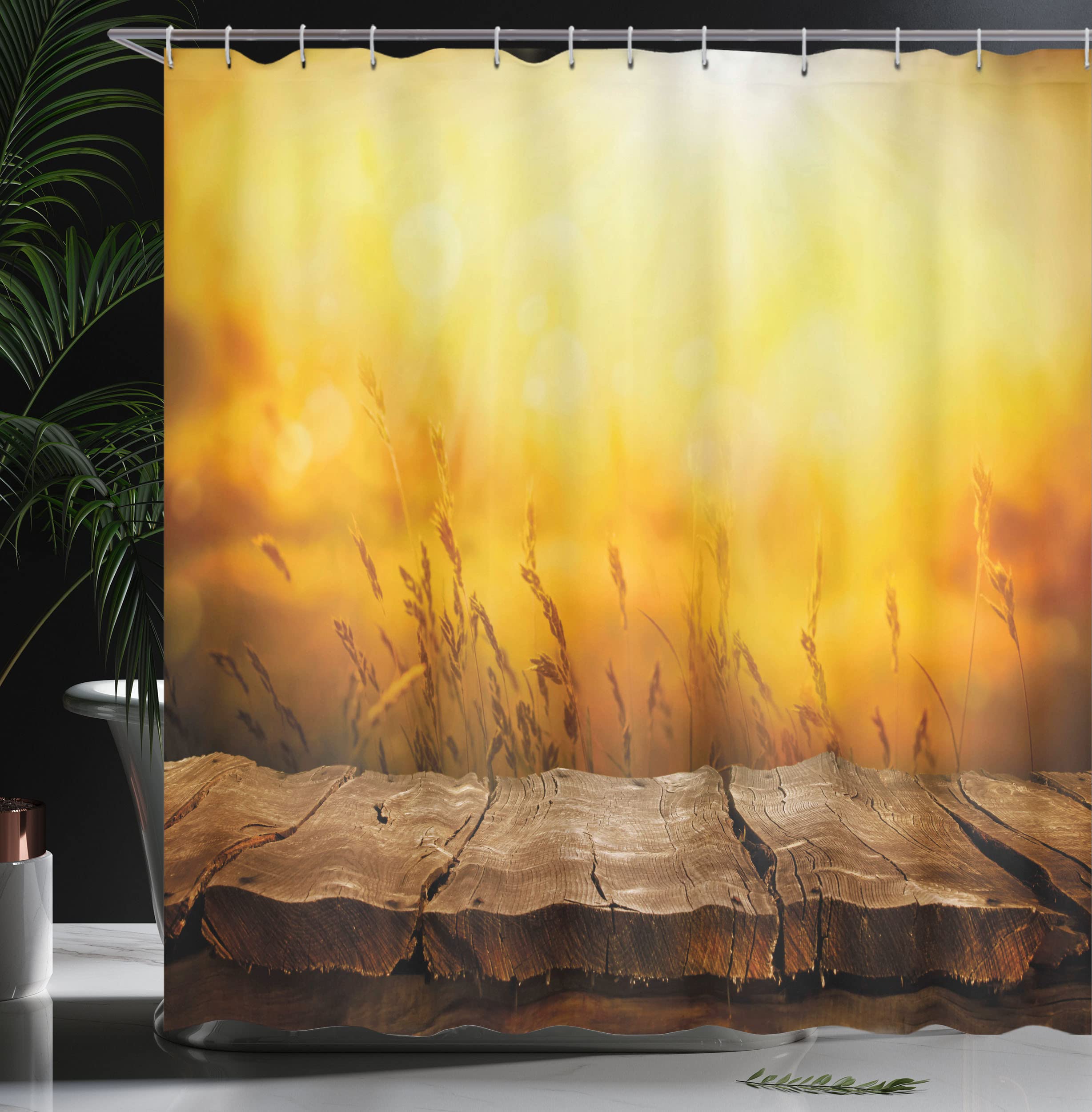 ABAKUHAUS Fall Shower Curtain, Empty Wooden Tabletop Layout Setting Sun Afternoon Wheat Agriculture Print - Image 3