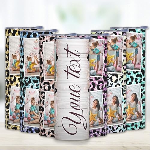 Miniatura 5 de Vaso delgado personalizado con texto y fotos, vasos de acero inoxidable de doble pared de 20 onzas con tapa y pajitas, taza de café personalizada