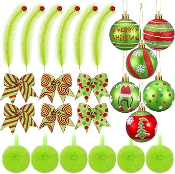 24pcs Christmas Decorations for Tree with 2.4 Inch Christmas Balls,Xmas Tree Topper, Xmas Bows,Green Furry Ball Hanging Ornaments
