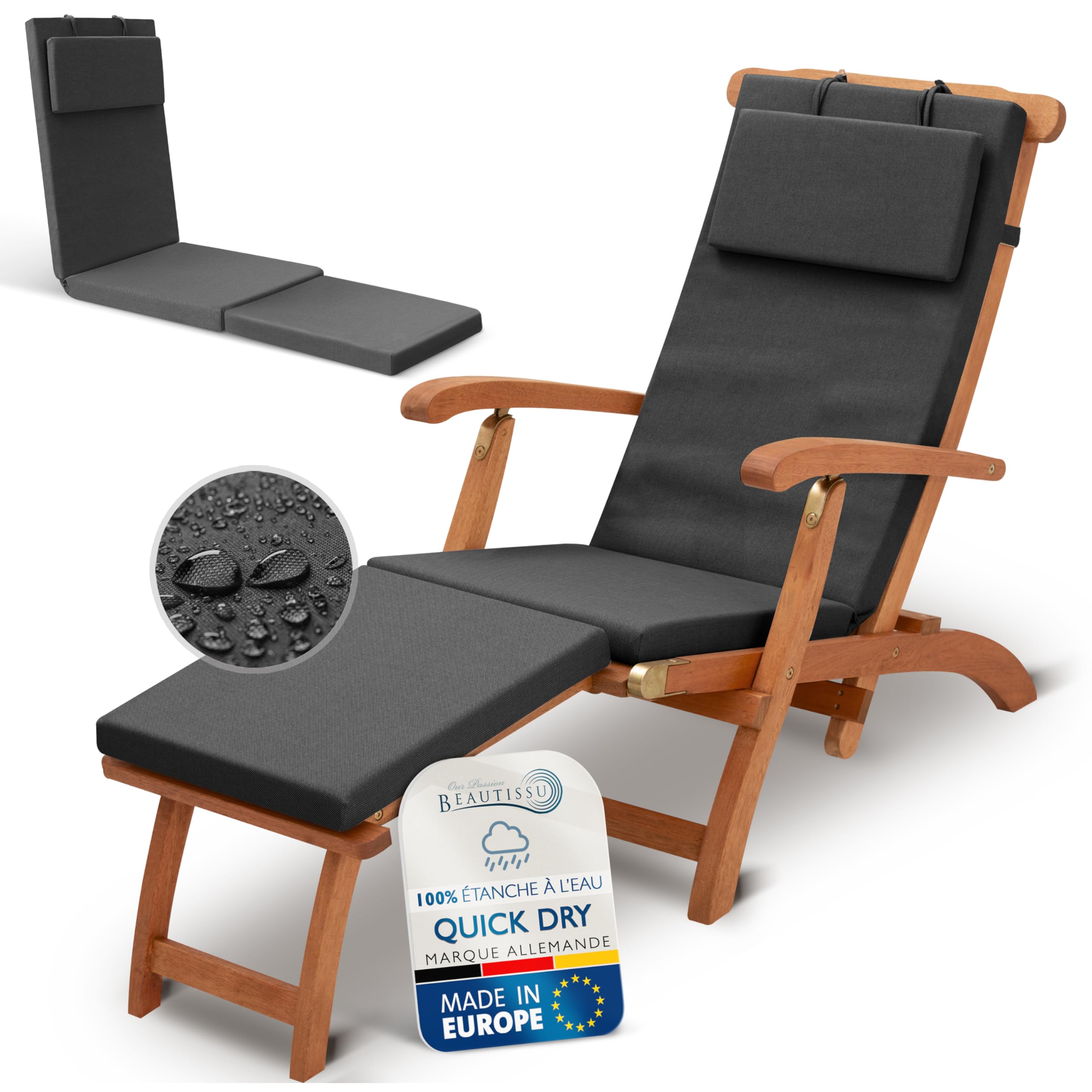 Beautissu Coussin Chaise Longue imperméable Matelas transat Bain de Soleil | 175x45cm anthracite 100% séchage rapide avec housse amovible Deckchair DC-QD rembourrage exterieur QD-DC